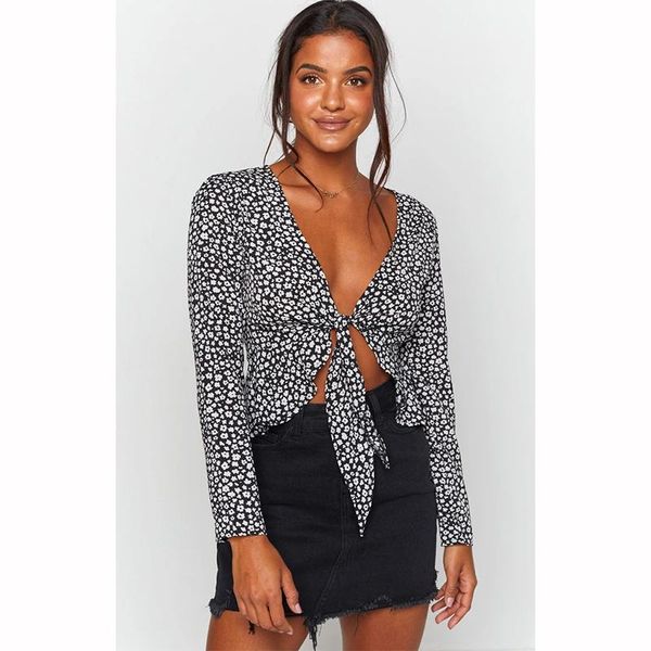 tie up crop black floral and sweet for every occasion long sleeves frill hem deep v-neckline blusas blouse women women's blouses & shir, White
tie up crop black floral and sweet for every occasion long sleeves frill hem deep v-neckline blusas blouse women women's blouses & shir, White