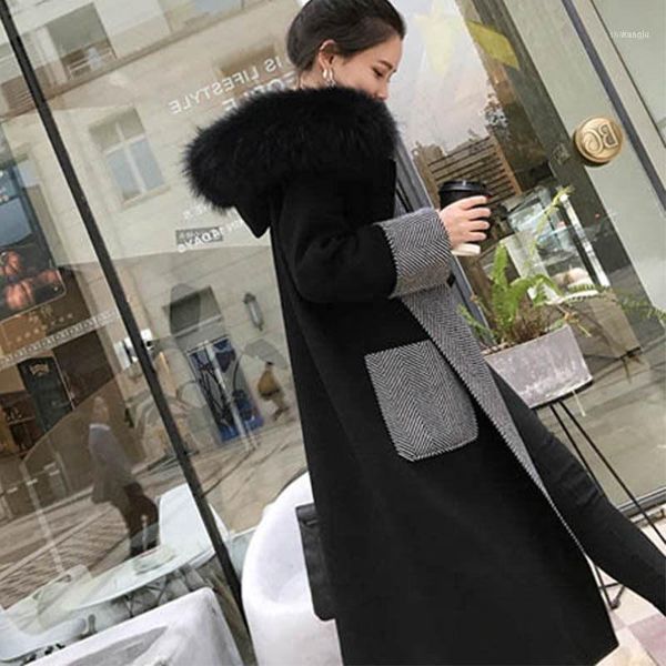 autumn and winter large size women's woolen coat fashion plaid patchwork hooded big fur collar long windbreaker f22061, Black
autumn and winter large size women's woolen coat fashion plaid patchwork hooded big fur collar long windbreaker f22061, Black