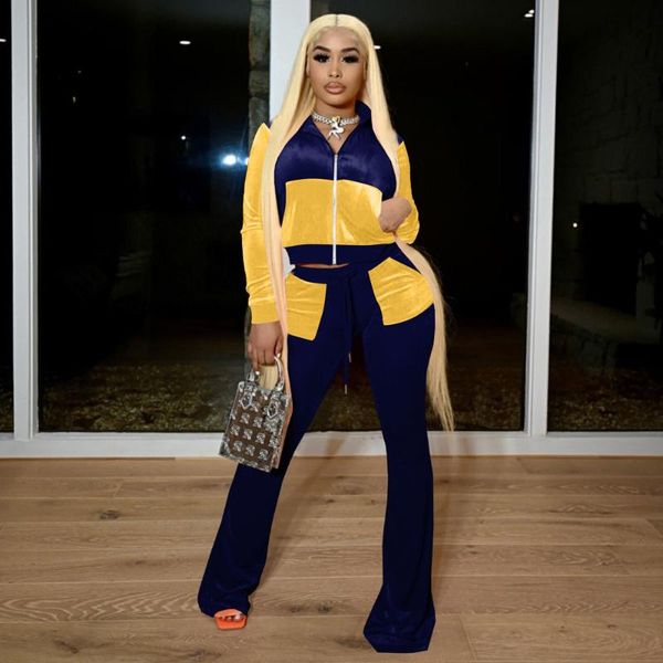women's two piece pants yellow navy color block velvet set women casual simple velour zipper long sleeve and high waist flare trousers, White
women's two piece pants yellow navy color block velvet set women casual simple velour zipper long sleeve and high waist flare trousers, White