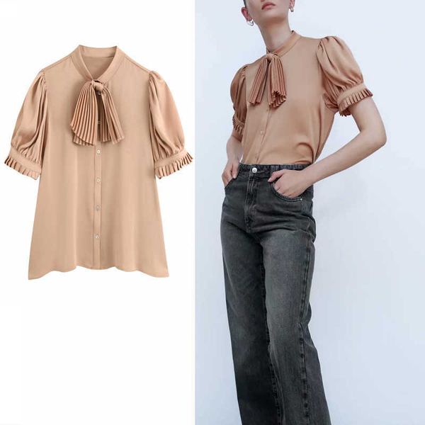 za pleated tie blouse women high collar short puff sleeves satin fashion front button female high street summer shirt 210602, White
za pleated tie blouse women high collar short puff sleeves satin fashion front button female high street summer shirt 210602, White