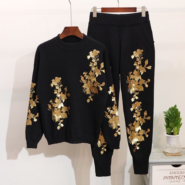 women's tracksuits fashion tracksuit women set autumn gold leaf pan flower embroidery knitted pullover + casual harem pants 2 piec, Gray
women's tracksuits fashion tracksuit women set autumn gold leaf pan flower embroidery knitted pullover + casual harem pants 2 piec, Gray
