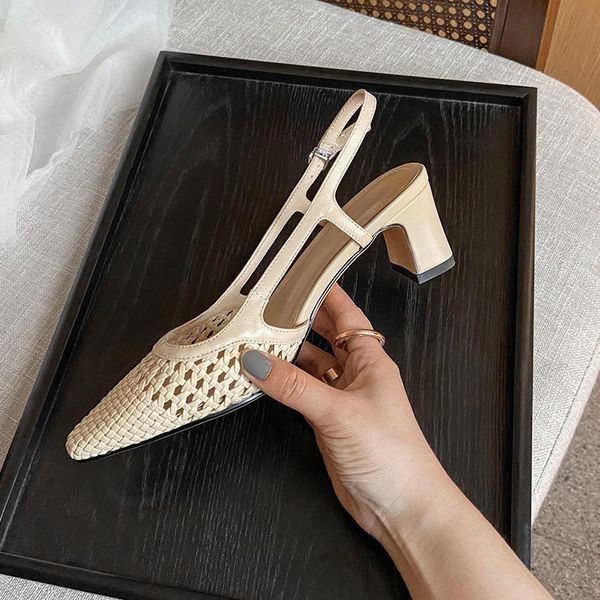 sandals 2021 summer woven thick heel pointed hollow women's shoes, Black