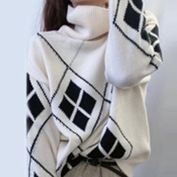 women's sweaters 2021 korean autumn winter geometric pattern argyle pullovers loose oversized turtleneck knitted woman jumper mujer, White;black
women's sweaters 2021 korean autumn winter geometric pattern argyle pullovers loose oversized turtleneck knitted woman jumper mujer, White;black