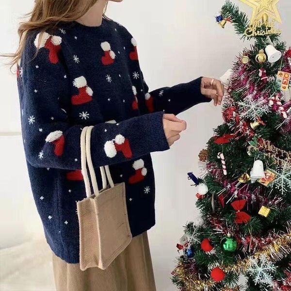 women's sweaters christmas cartoon socks sweater women loose casual round neck pullover autumn and winter snowflake, White;black
women's sweaters christmas cartoon socks sweater women loose casual round neck pullover autumn and winter snowflake, White;black