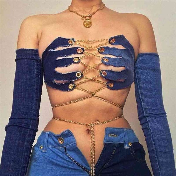 women's swimwear hollow out women long sleeve denim crop finger cut patchwork lace up metal chain bandage fitness clothe, White;black
women's swimwear hollow out women long sleeve denim crop finger cut patchwork lace up metal chain bandage fitness clothe, White;black