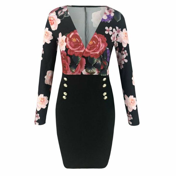 women deep v neck dresses autumn floral print button bodycon bandage casual long sleeve party short mini dress, Black;gray
women deep v neck dresses autumn floral print button bodycon bandage casual long sleeve party short mini dress, Black;gray