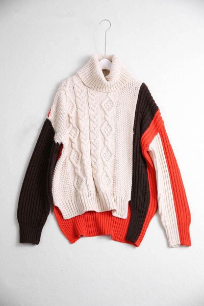 women's sweaters est ladies contrast color patchwork twisted cable asymmetric knit sweater with side slits - high collar pullover, White;black
women's sweaters est ladies contrast color patchwork twisted cable asymmetric knit sweater with side slits - high collar pullover, White;black