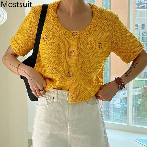 summer vintage knitted women cardigan sweater short sleeve o-neck single breasted pockets korean jumpers femme 210514, White
summer vintage knitted women cardigan sweater short sleeve o-neck single breasted pockets korean jumpers femme 210514, White