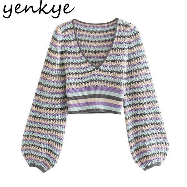 women hollow out cropped knit sweater vintage hit color v neck lantern sleeve clothes autumn pullover 210514, White;black
women hollow out cropped knit sweater vintage hit color v neck lantern sleeve clothes autumn pullover 210514, White;black