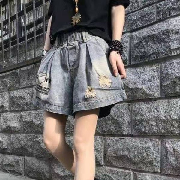 women's jeans summer european style women loose casual embroidery cotton denim wide leg pants elastic waist knee length ripped w13, Blue
women's jeans summer european style women loose casual embroidery cotton denim wide leg pants elastic waist knee length ripped w13, Blue
