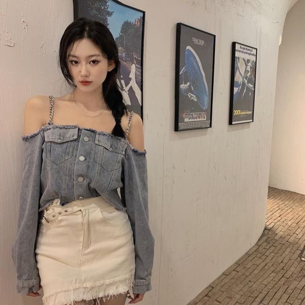 women's blouses & shirts 2021 fashion design sling chain off shoulder girl denim blouse jacket women autumn retro, White
women's blouses & shirts 2021 fashion design sling chain off shoulder girl denim blouse jacket women autumn retro, White