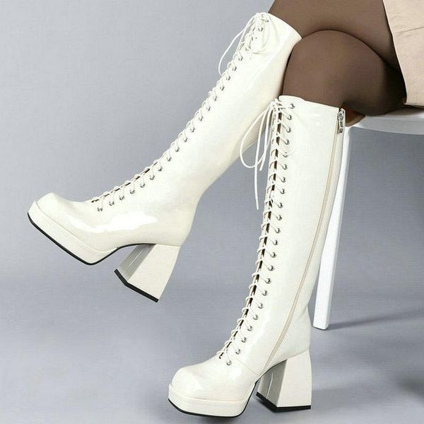 boots black white women knee high platform square heel ladies calf patent pu leather side zipper lace up
boots black white women knee high platform square heel ladies calf patent pu leather side zipper lace up