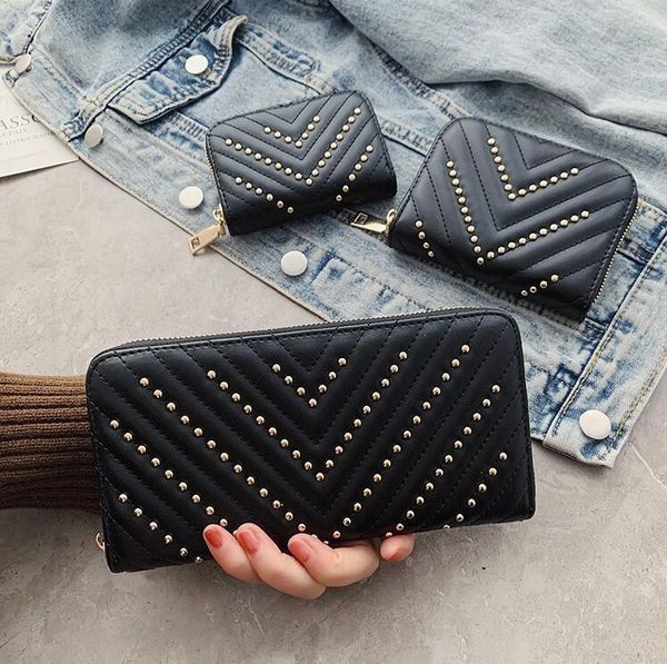 factory wholesale women handbag street fashion rivet punk wallet personality joker thread leather womens wallets fashions stripes storage zi, Red;black