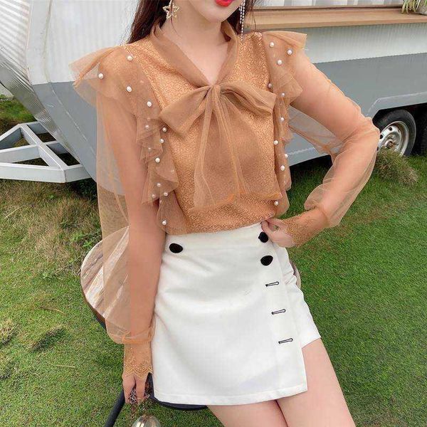 fashion beading mesh see through low cut bow long sleeve women blouse and shirt 210601, White
fashion beading mesh see through low cut bow long sleeve women blouse and shirt 210601, White