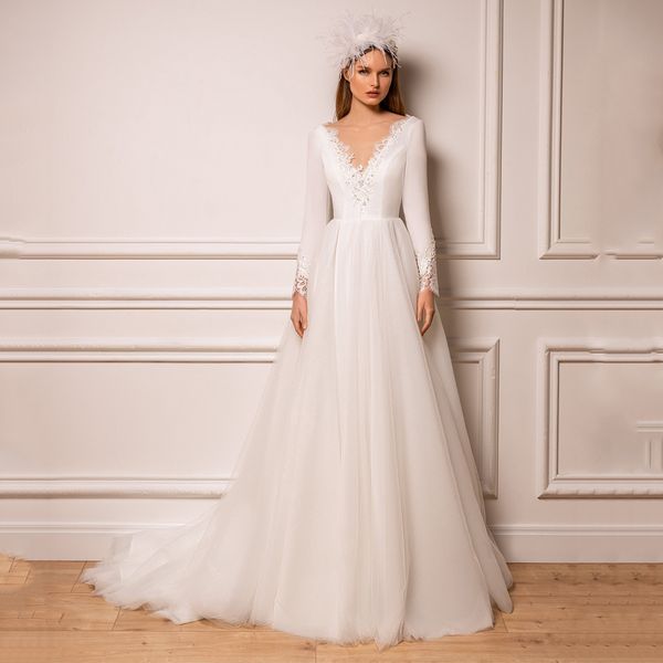 eleagnt double v neck muslim wedding dress long sleeves beading lace a line sweep train jesey tulle bridal gowns, White
eleagnt double v neck muslim wedding dress long sleeves beading lace a line sweep train jesey tulle bridal gowns, White