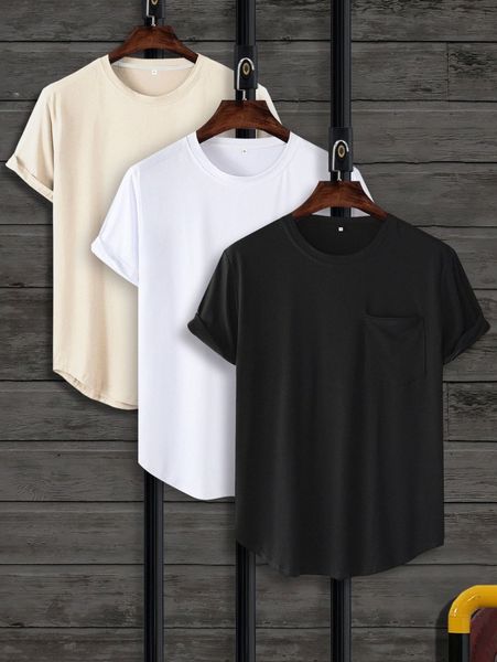 men 3pcs pocket patched curved hem tee q7kz#, White;black 
men 3pcs pocket patched curved hem tee q7kz#, White;black