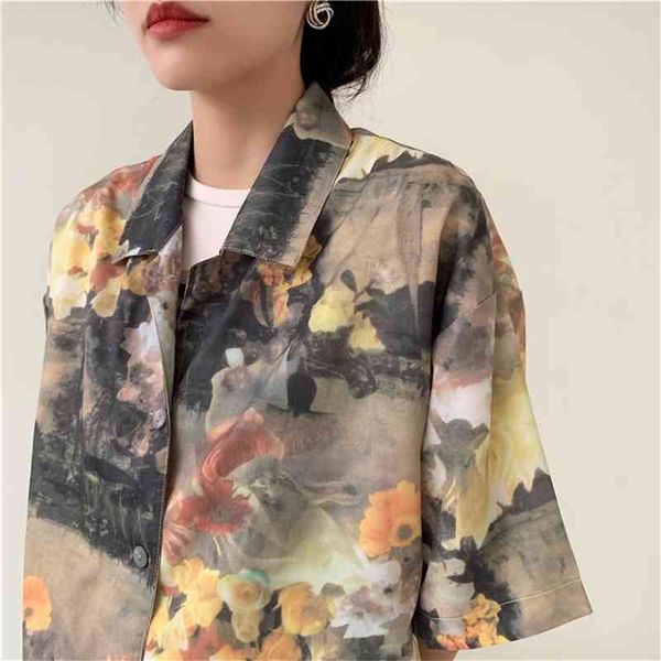 women's two piece pants vintage oil painting shirts summer short sleeve blouse button up collar korean flower uyui, White
women's two piece pants vintage oil painting shirts summer short sleeve blouse button up collar korean flower uyui, White