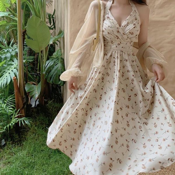 casual dresses french retro floral print long dress women sweet elegant v-neck lace-up beach holiday with apricot cardigan, Black;gray
casual dresses french retro floral print long dress women sweet elegant v-neck lace-up beach holiday with apricot cardigan, Black;gray