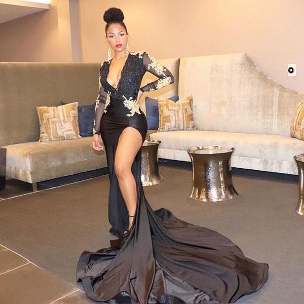 black long sleeves split lace appliqued mermaid evening dresses deep v neck satin court train formal prom gowns, Black;red
black long sleeves split lace appliqued mermaid evening dresses deep v neck satin court train formal prom gowns, Black;red
