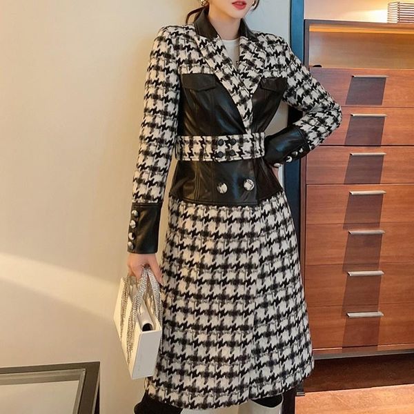 women's wool & blends womens classic slim plaid spliced leather woolen coat office lady single breasted turn-down collar pockets winter, Black
women's wool & blends womens classic slim plaid spliced leather woolen coat office lady single breasted turn-down collar pockets winter, Black