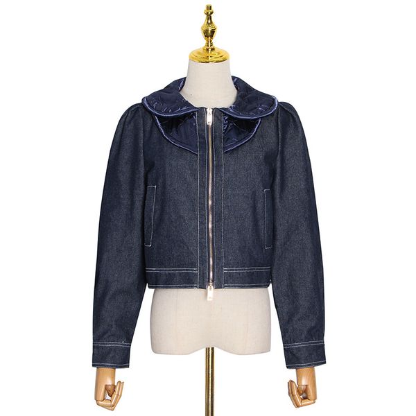 fashions casual wooden ear loose zipper denim female jacket, Black;brown