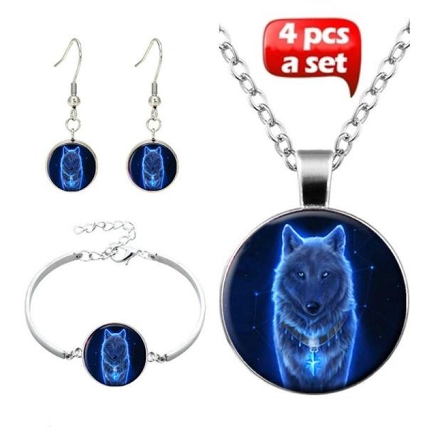 earrings & necklace 4 pcs/set glass cabochon bangle cute wolf art picture pendant statement chain for women jewelry, Silver
earrings & necklace 4 pcs/set glass cabochon bangle cute wolf art picture pendant statement chain for women jewelry, Silver