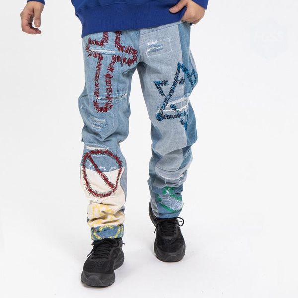 men's jeans fashion brand tear holes, embroidery, graffiti stitching, making old heavy industry, Blue
men's jeans fashion brand tear holes, embroidery, graffiti stitching, making old heavy industry, Blue
