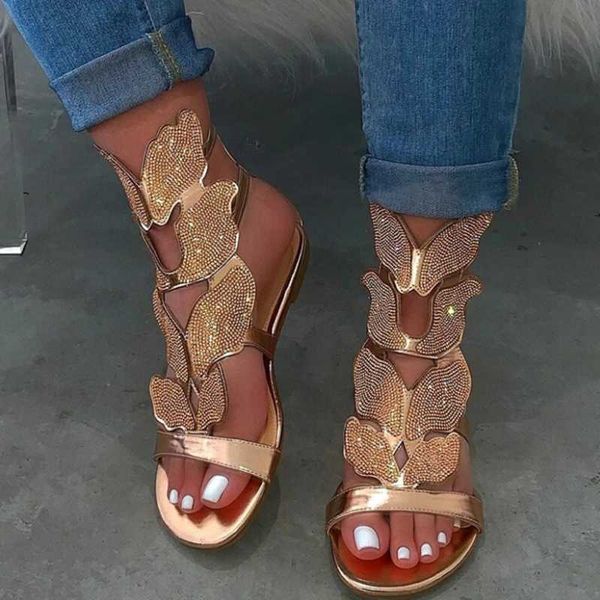 women's sandals shoes 2021 european american fashion rhinestone flat buckle large size casual, Black