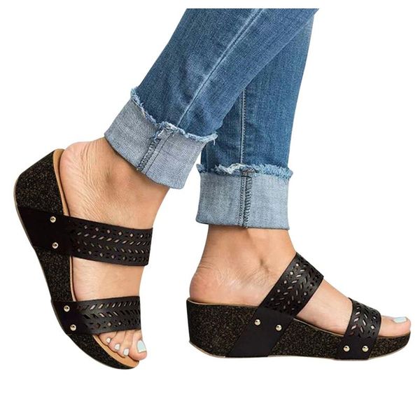 women's summer slip-on wedges hollow out beach open toe breathable sandals shoes thick-soled heightened casual sandalias, Black
women's summer slip-on wedges hollow out beach open toe breathable sandals shoes thick-soled heightened casual sandalias, Black