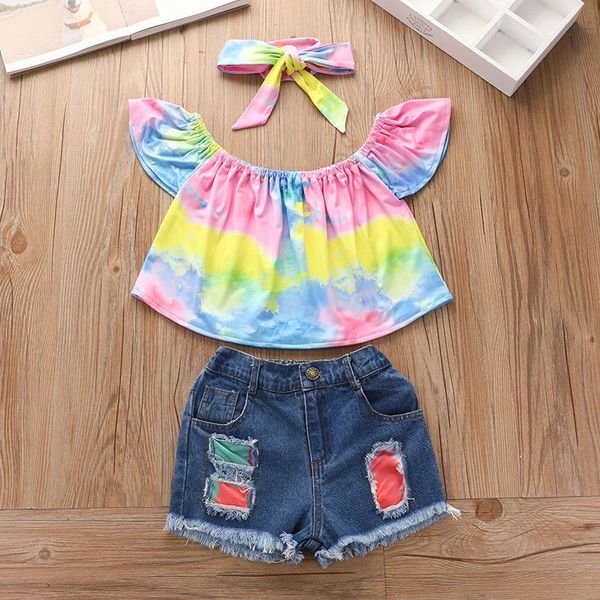 clothing sets kid girls 3 pcs outfits suits off shoulder sleeve tie dye + ripped denim shorts headband, White
clothing sets kid girls 3 pcs outfits suits off shoulder sleeve tie dye + ripped denim shorts headband, White