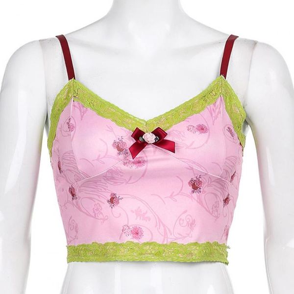 women sleeveless floral print bow camisole lace trim cropped tank vest women's tanks & camis, White
women sleeveless floral print bow camisole lace trim cropped tank vest women's tanks & camis, White