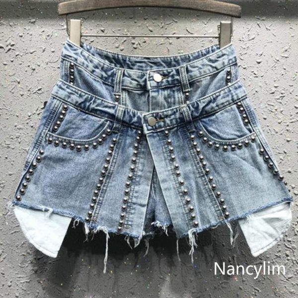 women's shorts nancylim 2021 spring and summer personality fake two pieces jeans women beaded high waist denim short skirt students, White;black
women's shorts nancylim 2021 spring and summer personality fake two pieces jeans women beaded high waist denim short skirt students, White;black