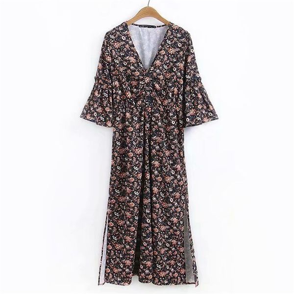 summer women vintage v-neck dress 3/4 sleeve buttons floral print split es female elegant street fashion vestido 210513, Black;gray
summer women vintage v-neck dress 3/4 sleeve buttons floral print split es female elegant street fashion vestido 210513, Black;gray