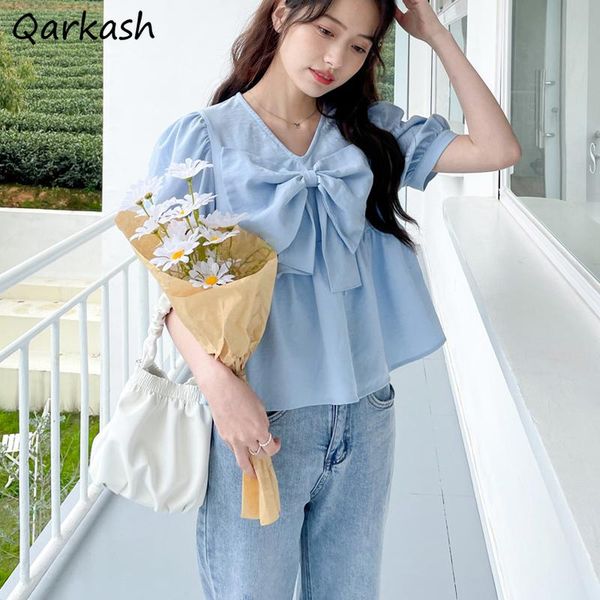 women's blouses & shirts women big bow chic design korean sweet style summer femme ins casual solid tunic blusas de mujer crops soft, White
women's blouses & shirts women big bow chic design korean sweet style summer femme ins casual solid tunic blusas de mujer crops soft, White