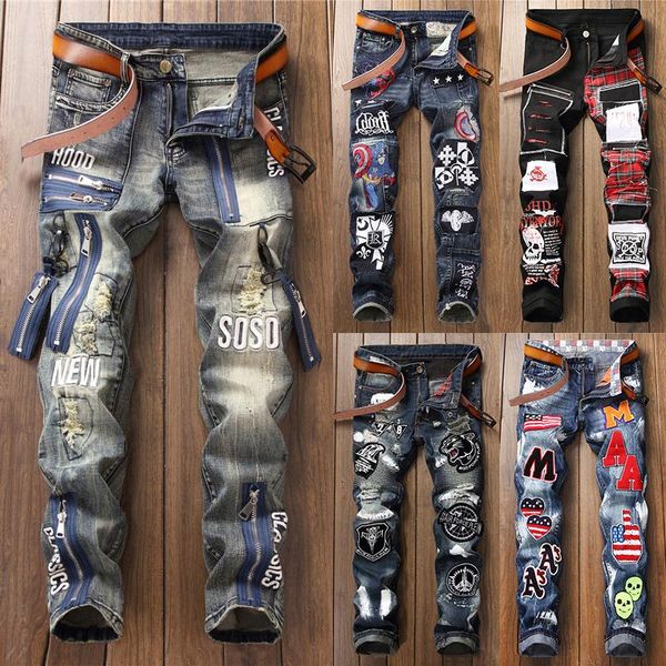 men's jeans men straight pants slim fits casual embroidery ripped denim trousers, Blue 
men's jeans men straight pants slim fits casual embroidery ripped denim trousers, Blue