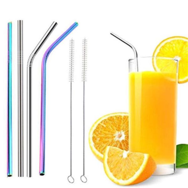 12pcs set reusable stainless steel straws extra long 8.5'' metal drinking with 2 brushes carry bag environment-friendly