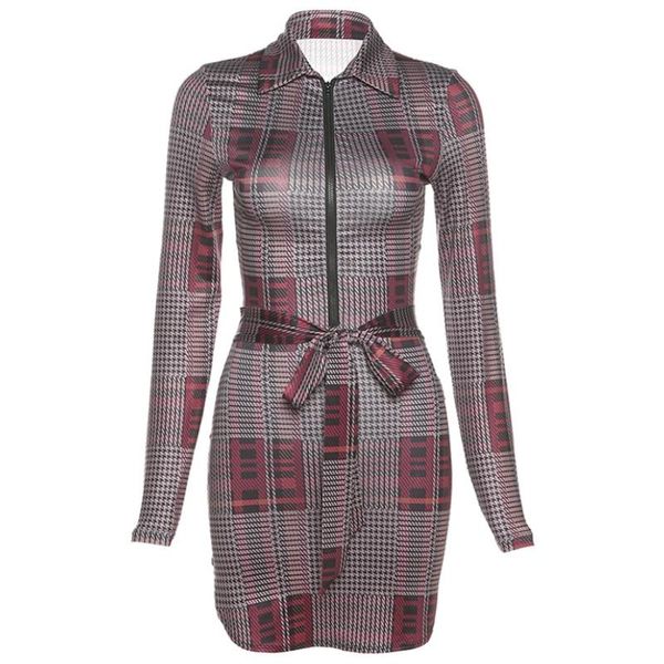 casual dresses women\u2021s long sleeve skinny dress fashion plaid zipper lapel bandage short spring autumn, Black;gray 
casual dresses women\u2021s long sleeve skinny dress fashion plaid zipper lapel bandage short spring autumn, Black;gray
