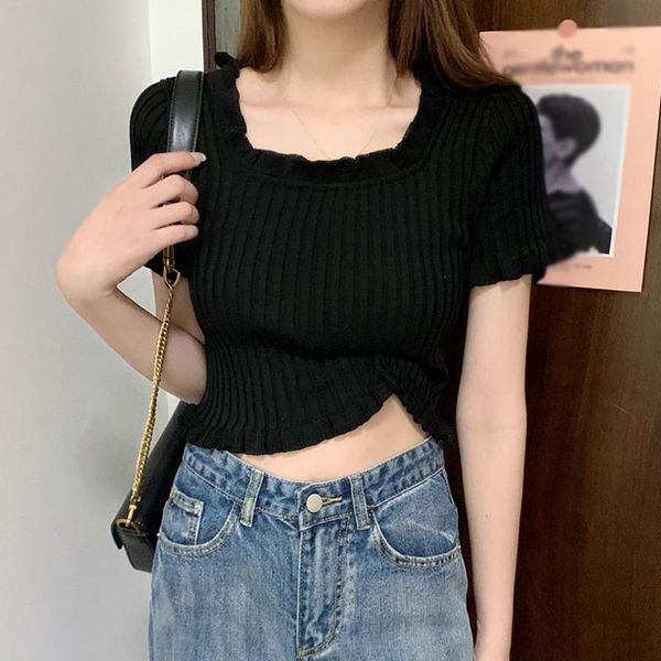 women's t-shirt knitted t-shirts for women square neck tees ladies short sleeve cute ruffle hem cropped solid summer slim, White
women's t-shirt knitted t-shirts for women square neck tees ladies short sleeve cute ruffle hem cropped solid summer slim, White