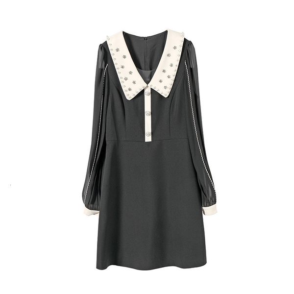 casual dresses fall autumn long sleeve peter pan neck black / beige contrast color panelled beaded short mini dress elegant no22209226 7hwm, Black;gray 
casual dresses fall autumn long sleeve peter pan neck black / beige contrast color panelled beaded short mini dress elegant no22209226 7hwm, Black;gray