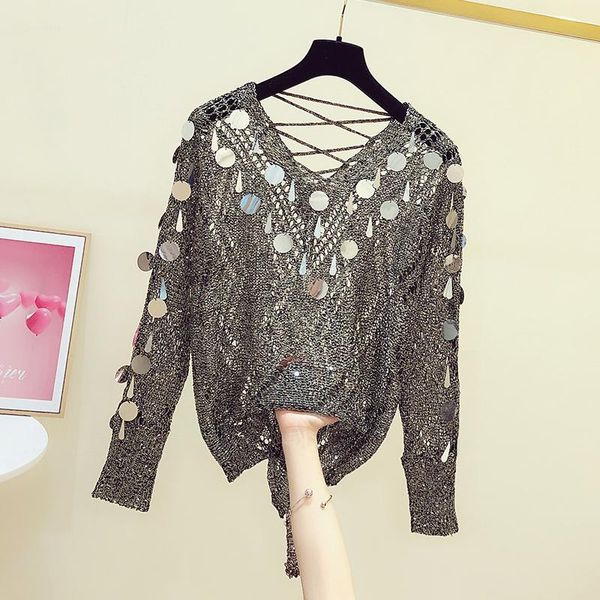 women's sweaters 2021 autumn korean sweater women v-neck long sleeve back cross strap sequined loose knitted pullovers, White;black
women's sweaters 2021 autumn korean sweater women v-neck long sleeve back cross strap sequined loose knitted pullovers, White;black