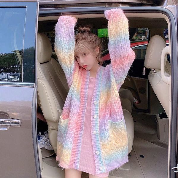 women's jackets rainbow knitted cardigan women autumn winter sweet kawaii sweater coat female long korean button down fall 2021, Black;brown
women's jackets rainbow knitted cardigan women autumn winter sweet kawaii sweater coat female long korean button down fall 2021, Black;brown