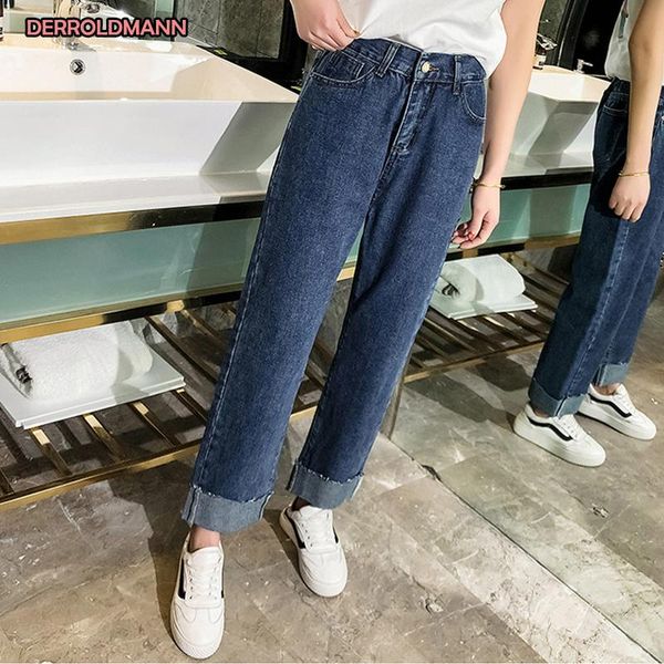 women jeans high waist straight pants washed denim cuffs stretch large size korean women's, Blue
women jeans high waist straight pants washed denim cuffs stretch large size korean women's, Blue