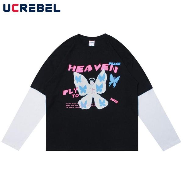 men's t-shirts butterfly print long sleeve t-shirt mens autumn contrast paneled fake two pieces streetwear loose crew neck tee men, White;black
men's t-shirts butterfly print long sleeve t-shirt mens autumn contrast paneled fake two pieces streetwear loose crew neck tee men, White;black