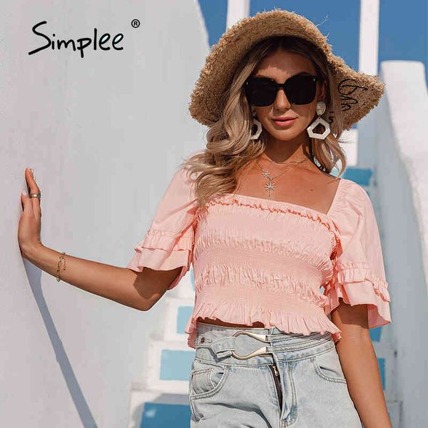 cotton pink square neck women summer sleeve ruffle short blouse casual holiday solid female 210414, White
cotton pink square neck women summer sleeve ruffle short blouse casual holiday solid female 210414, White
