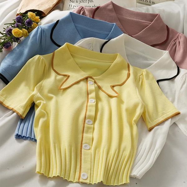 women's knits & tees short pleated single breasted cardigan lapel 2021 color matching stripe slim knit summer, White
women's knits & tees short pleated single breasted cardigan lapel 2021 color matching stripe slim knit summer, White
