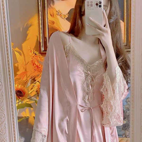 pt635# summer lace suspender long skirt hollow out thin sleeping women's silk satin two piece set pants, White