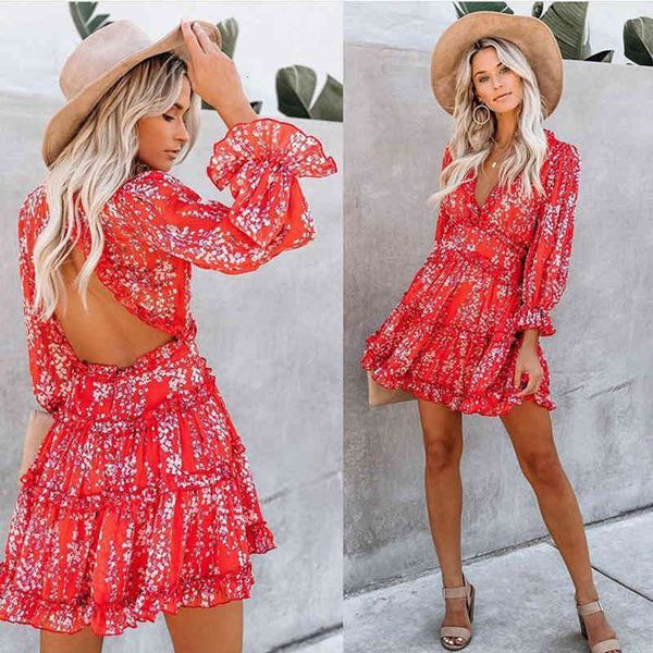a line women v-neck backless red printed elegant lantern sleeve ruffle es summer holiday mini vestido, Black;gray
a line women v-neck backless red printed elegant lantern sleeve ruffle es summer holiday mini vestido, Black;gray