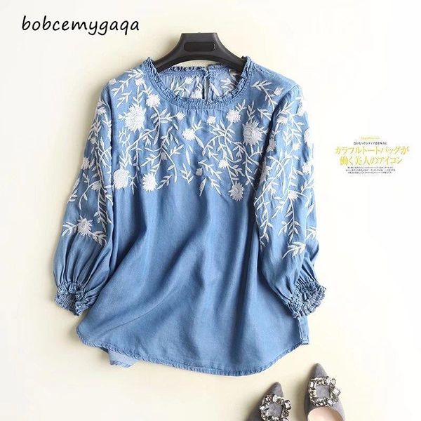 women's blouses & shirts embroidery denim blouse women light blue soft jeans hem o neck three quarter sleeve ruffles casual shirt sweet, White
women's blouses & shirts embroidery denim blouse women light blue soft jeans hem o neck three quarter sleeve ruffles casual shirt sweet, White