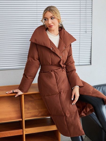 snap button up belted puffer coat 45j9#, Black 
snap button up belted puffer coat 45j9#, Black