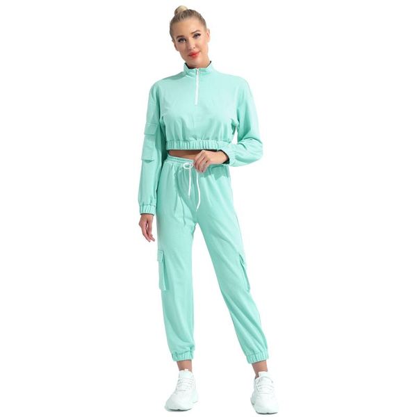 tracksuit women pure color sport suit long sleeves cropped and elastic waistband side pockets pants summer running set sets, Black;blue
tracksuit women pure color sport suit long sleeves cropped and elastic waistband side pockets pants summer running set sets, Black;blue